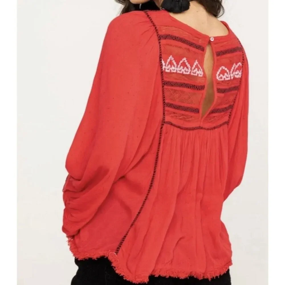 Free People Cyprus Avenue Embroidery Red Boho Long Sleeve Top Sz Large